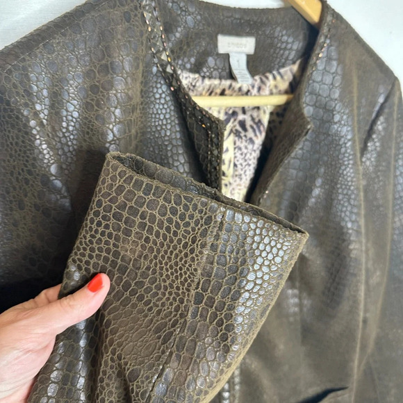 Chicos Snake Skin Faux Leather Jacket Brown Medium Size 1 8 Embossed Reptile - Picture 9 of 9